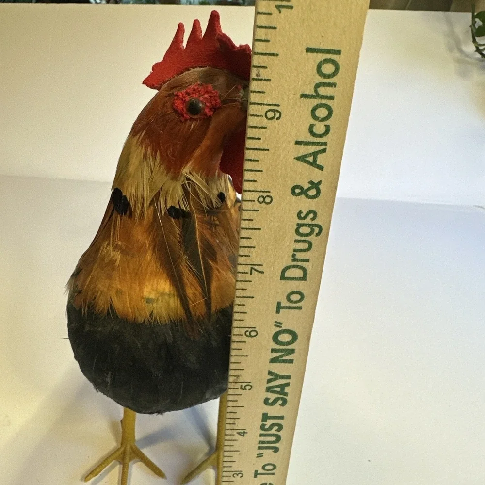Realistic Rooster Figure Real Feathers Farmhouse Chicken Decor Country